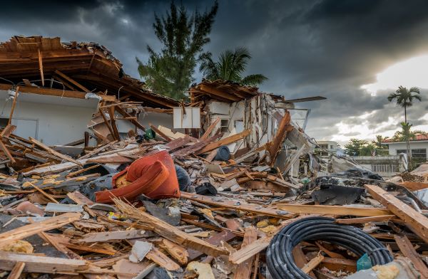 Debris from torn apart buildings after a hurricane.
